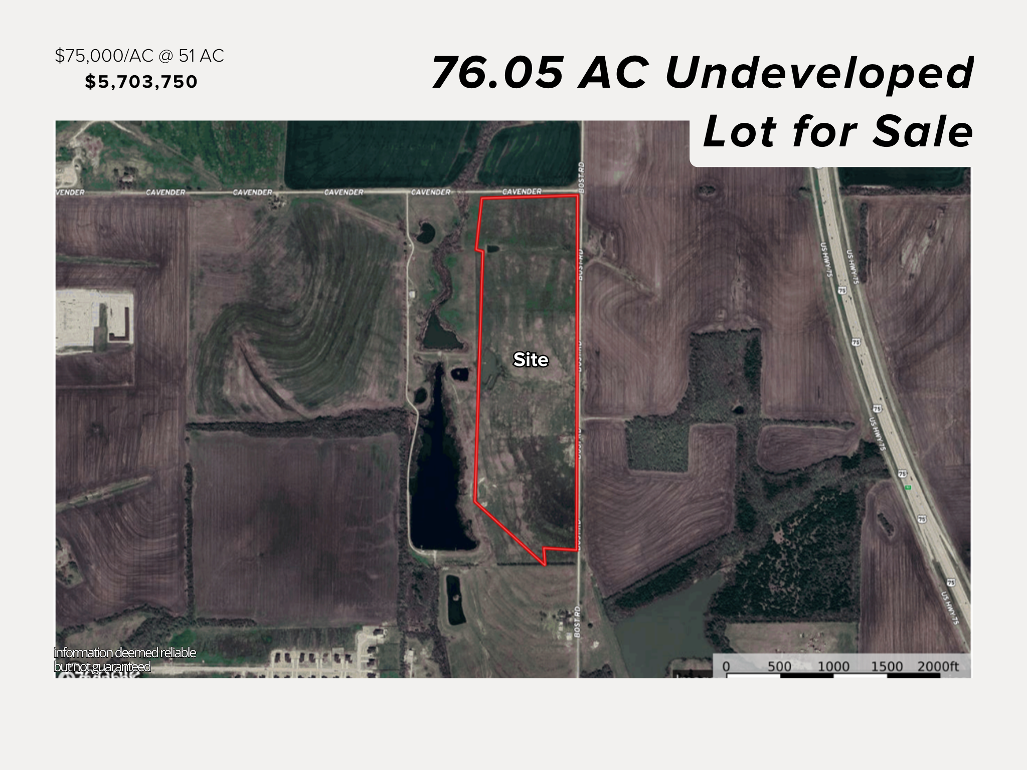 Aerial view of undeveloped land outlined in red with a pond labeled 'Site' for sale, surrounded by farmland and a highway to the east.