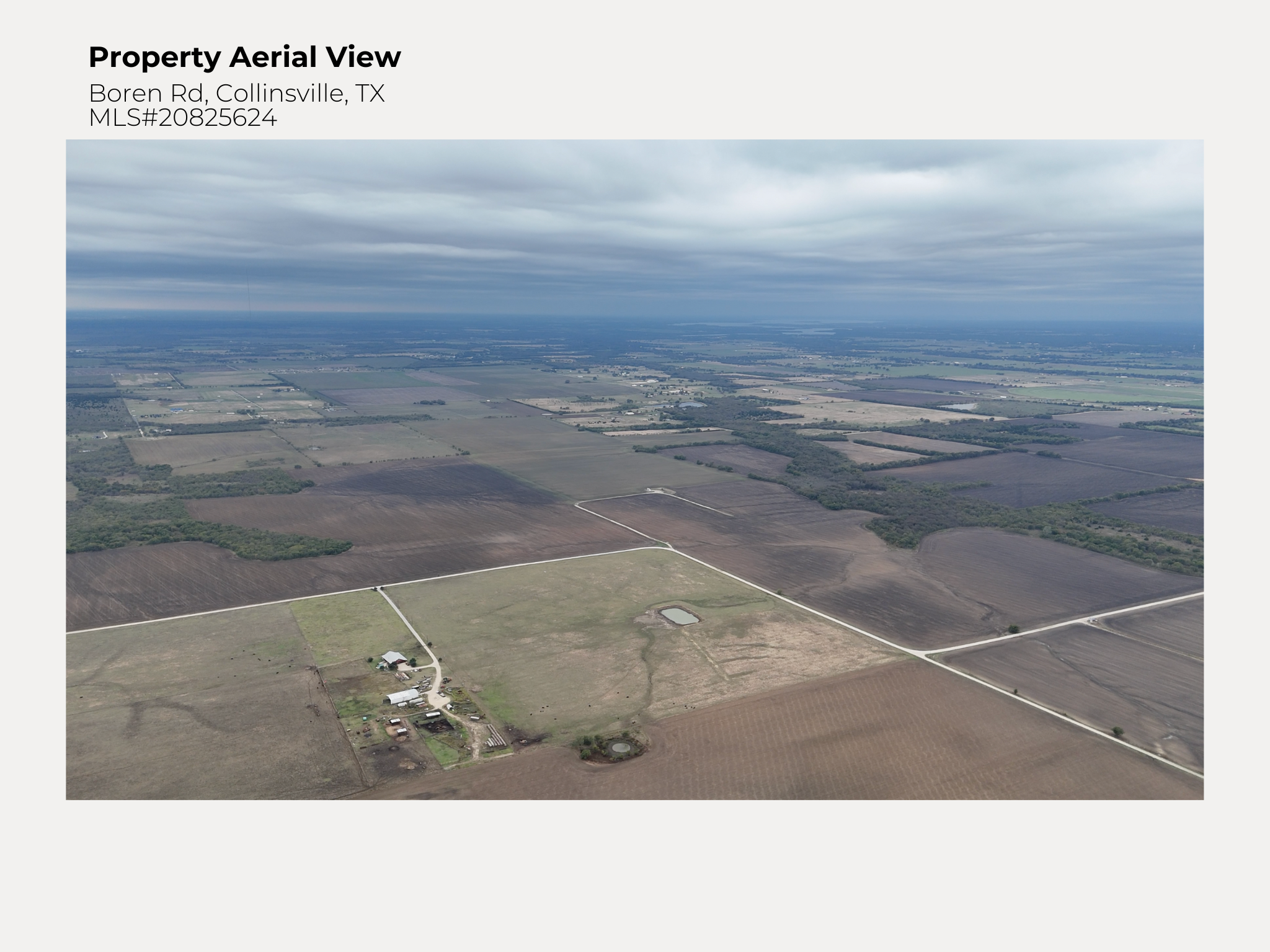 Aerial view of farmland with fields, roads, farm buildings, and ponds under a cloudy sky in Collinsville, Texas.