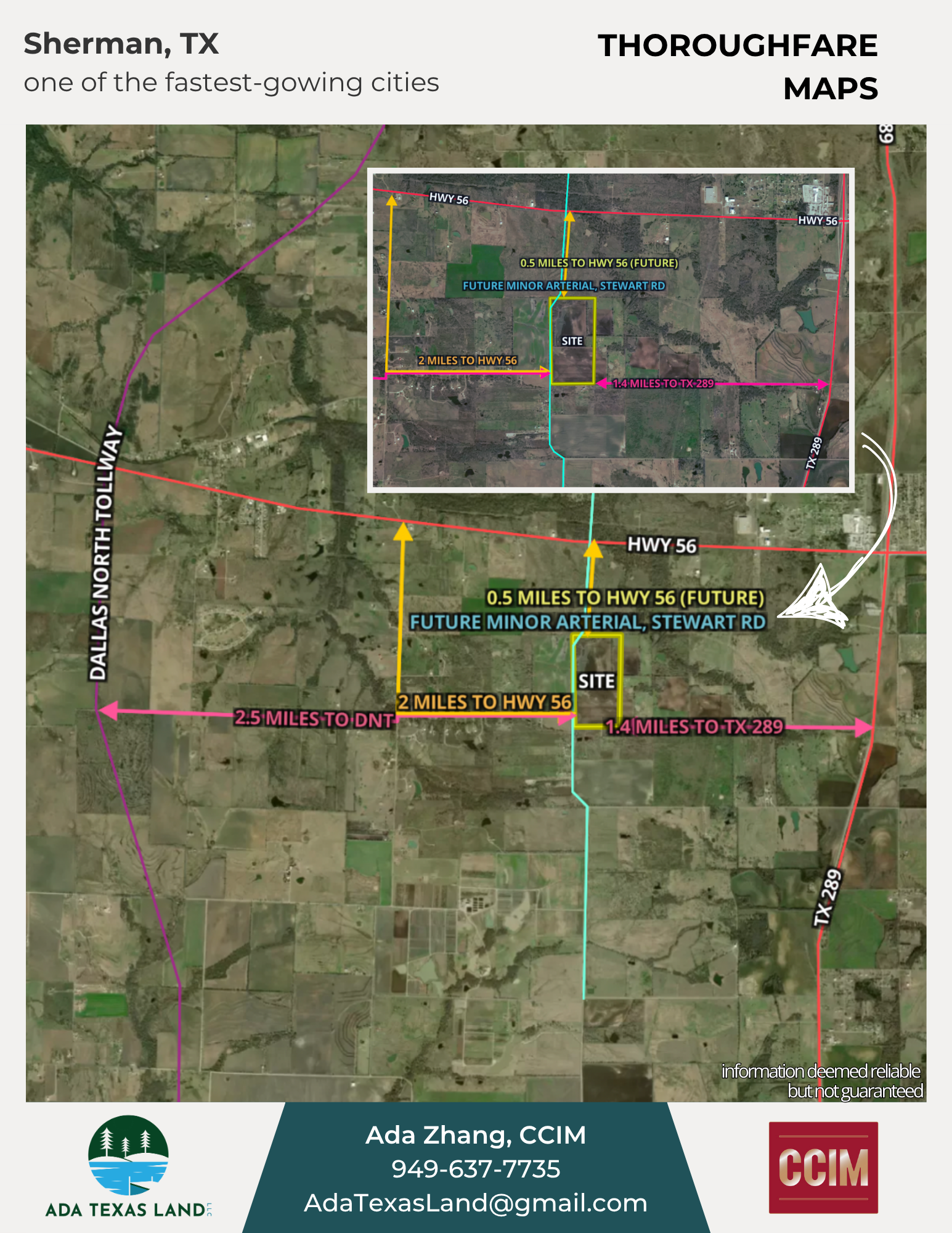 Map of Sherman, TX showing proximity to highways, future minor arterial, and distances to Howard County and other landmarks, with an inset zoomed-in area of the site.