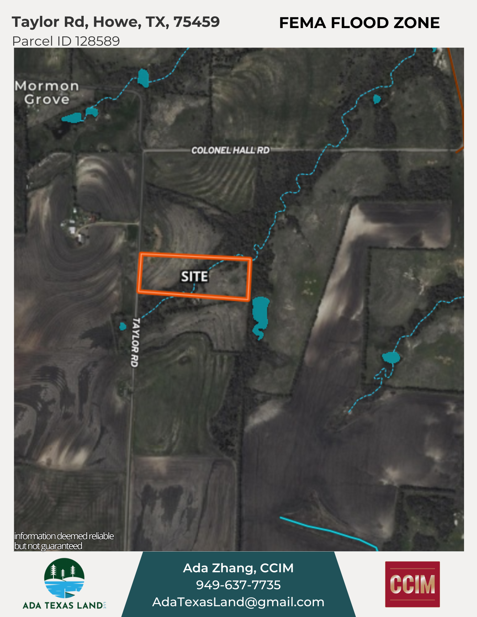 Map showing FEMA flood zone for Taylor Road in Howe, Texas, with a marked site on Taylor Road, surrounded by farmland and small water bodies, with nearby roads including Colonel Hall Road.