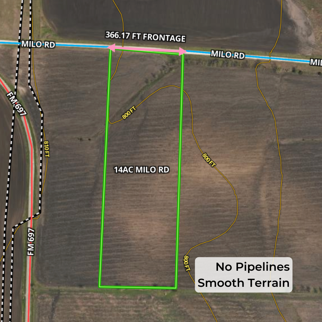 A map showing a plot of land labeled '14AC MILO RD' with dimensions 800 feet by 366.17 feet, bordered by Milo Road at the top. There are additional contours and lines indicating elevation and features, with a note stating 'No Pipelines Smooth Terrain