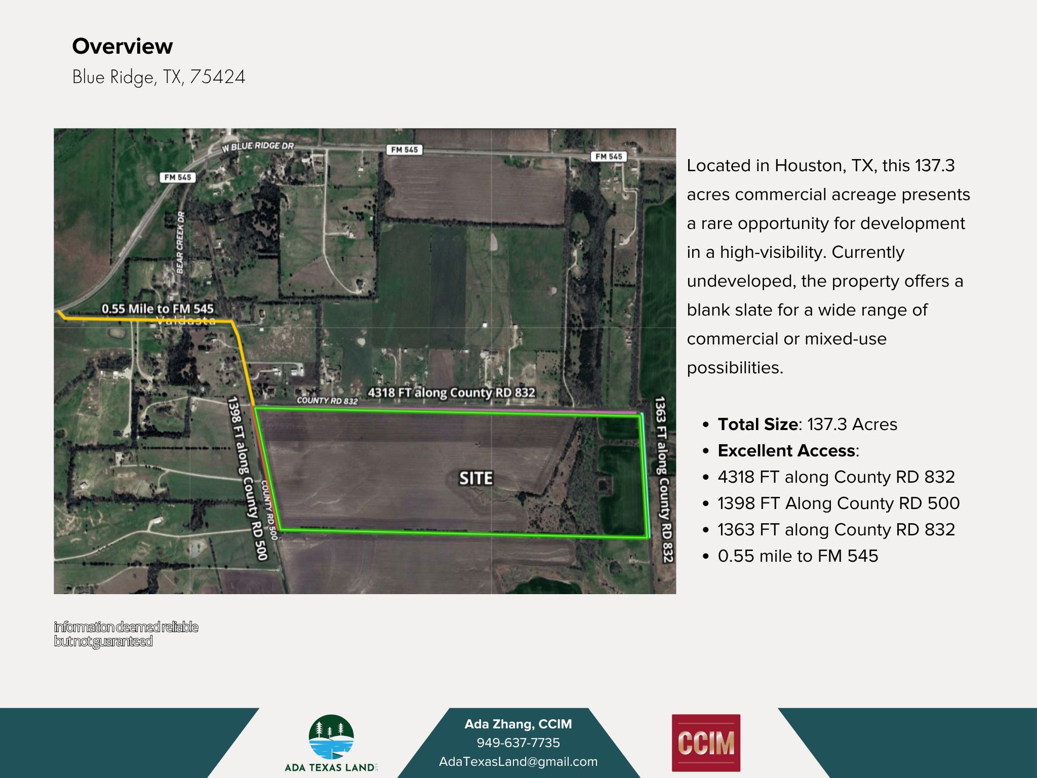 Aerial map of a 137.3-acre commercial property in Houston, TX outlined in green, with roads and surrounding land, showing the property's proximity to FM 545 and County Road 832, and details about the site and access points.