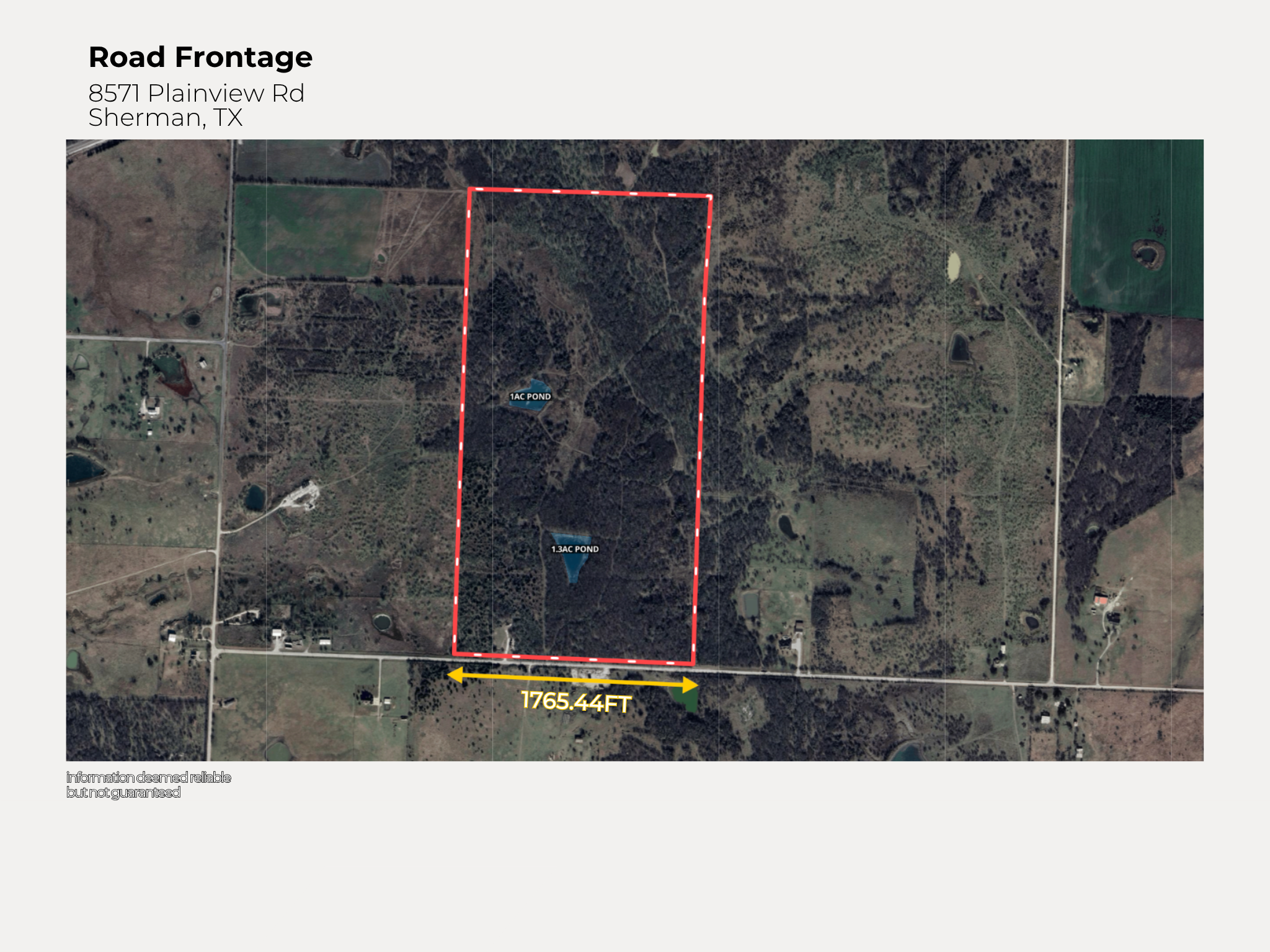 A satellite map displaying a rectangular plot of land outlined in red on 8571 Plainview Road in Sherman, TX, with two ponds inside, and a yellow arrow indicating plot's width as 1765.44 feet.