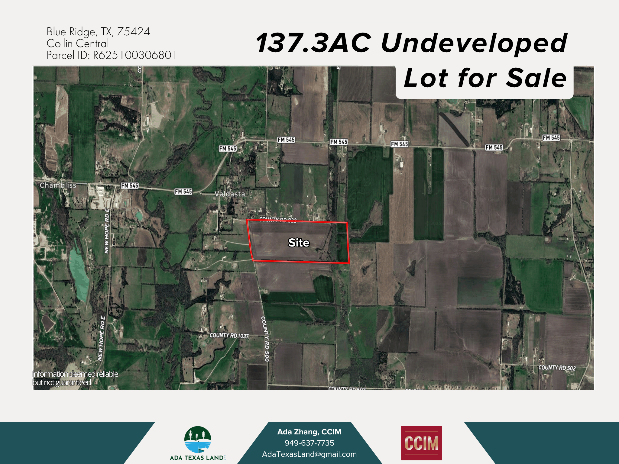 Map showing undeveloped lot for sale in Blue Ridge, Texas with address, contact information, and surrounding roads.