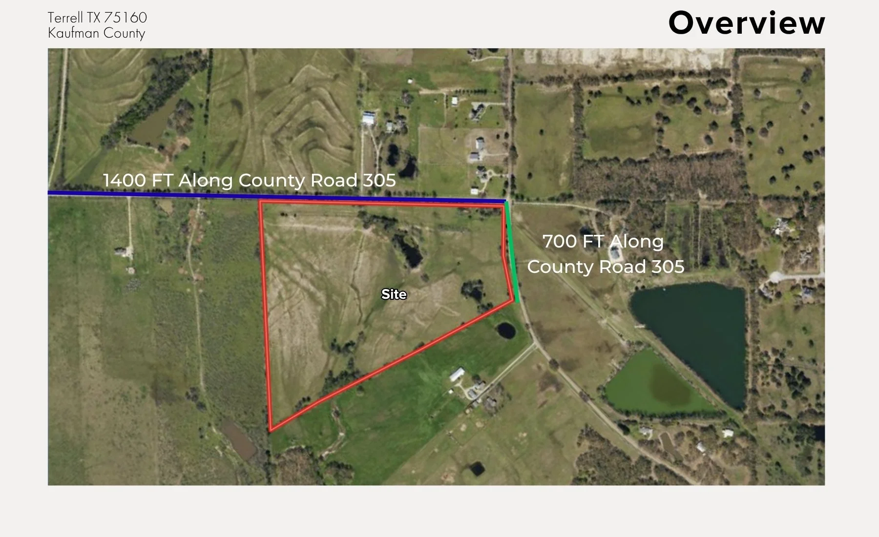 Aerial map showing a land parcel outlined in red in Terrell, TX, with boundary measurements of 1400 feet along County Road 305 and 700 feet along County Road 305. Surrounding features include a lake, several houses, and green fields.