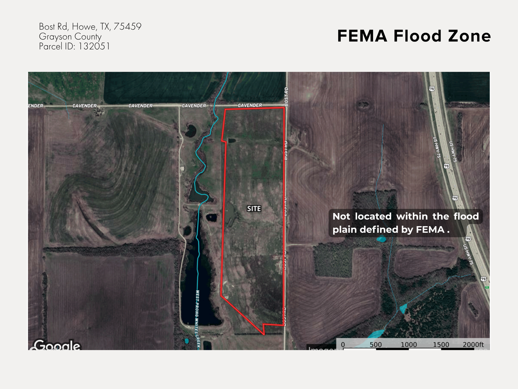 A map showing a flood zone outline in Grayson County, Texas, with labels and a note indicating an area not within FEMA flood plain, including roads and water features.
