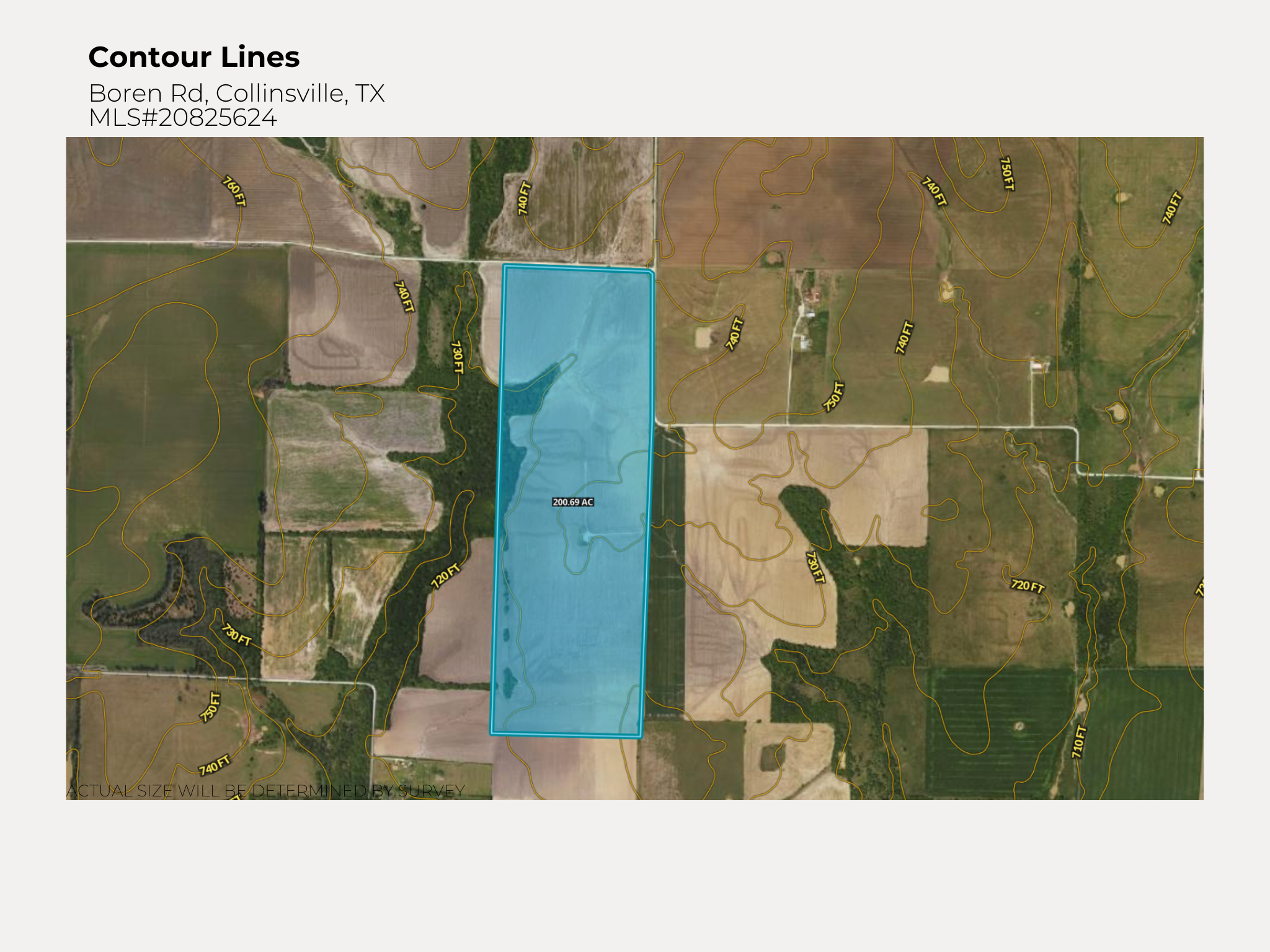 Map of a property in Collinville, Texas, outlined in blue, showing contour lines with elevation markers, and a pond within the property. Top left corner shows the title 'Contour Lines' and the location details.
