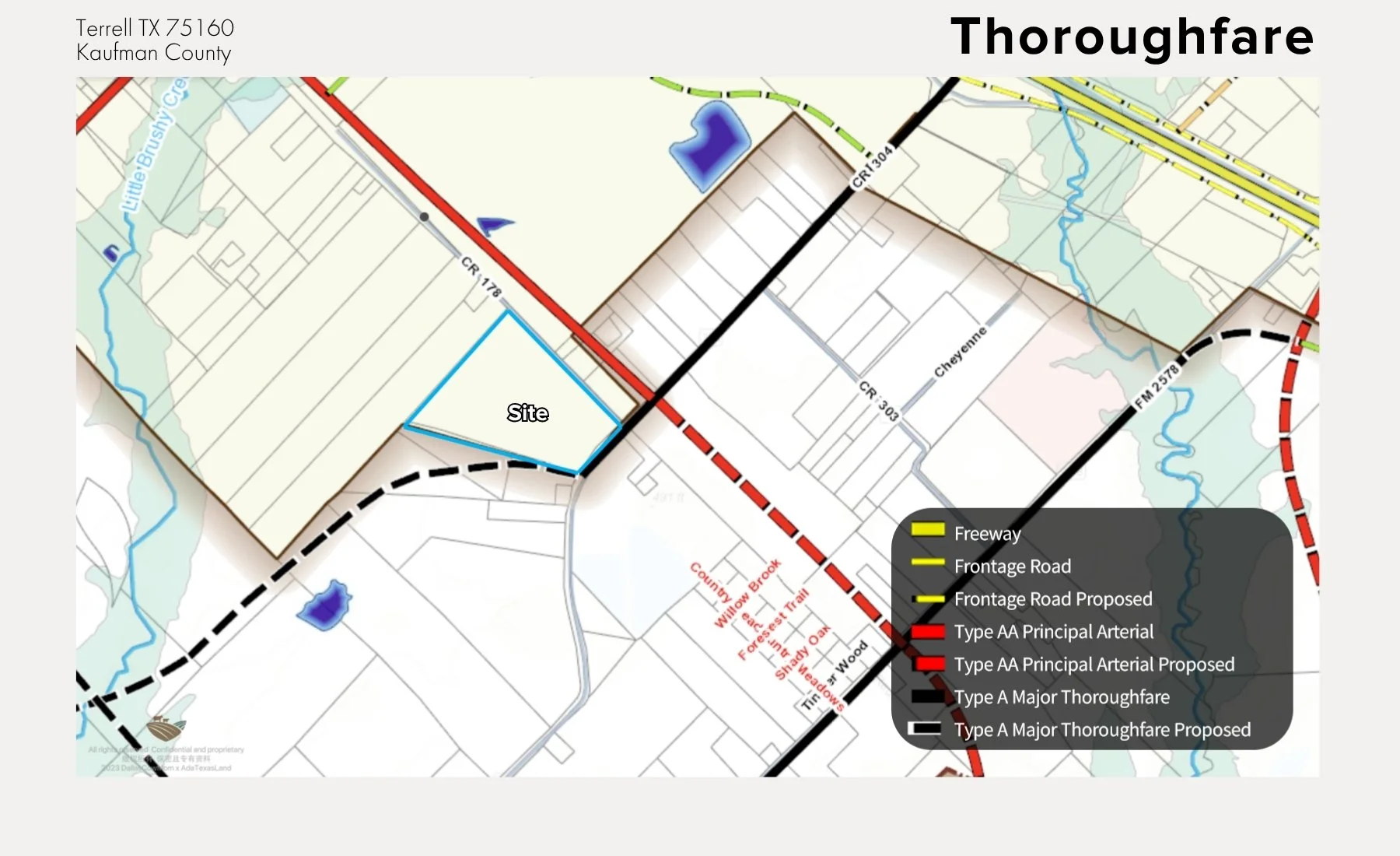Map of Thoroughfare, Terrell TX 75160 showing roads, a site outlined in blue, and a legend indicating different road types and proposed infrastructure.