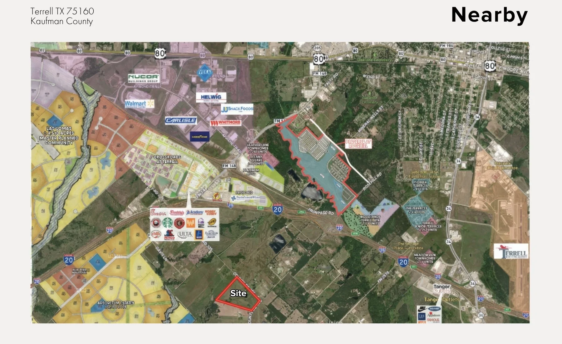 A map of Terrell, Texas displaying areas of development, neighborhoods, landmarks, and nearby communities, with labels for streets, highways, and businesses.