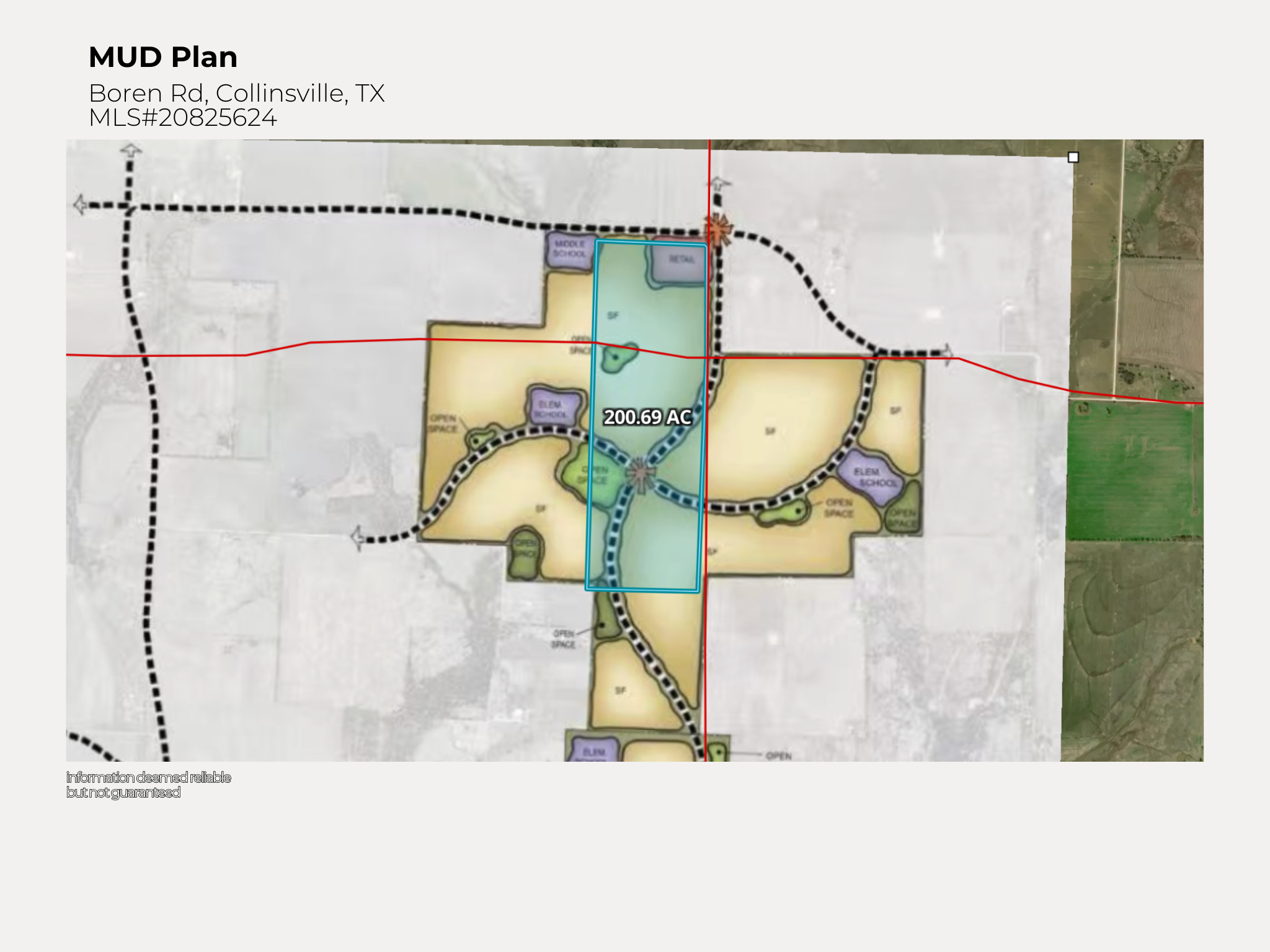 Map of a master planned community in Collinsville, Texas, showing lot divisions, open spaces, roads, and a central feature, with an area measuring 200.69 acres outlined in blue.