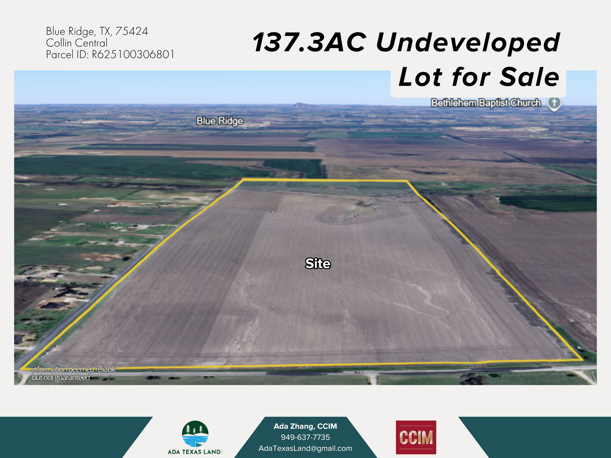 Aerial view of a large undeveloped land lot in Blue Ridge, Texas, outlined in yellow with a label indicating the site. The top section displays the address and parcel details. Surrounding landscape includes farmland and sparse residential areas, with
