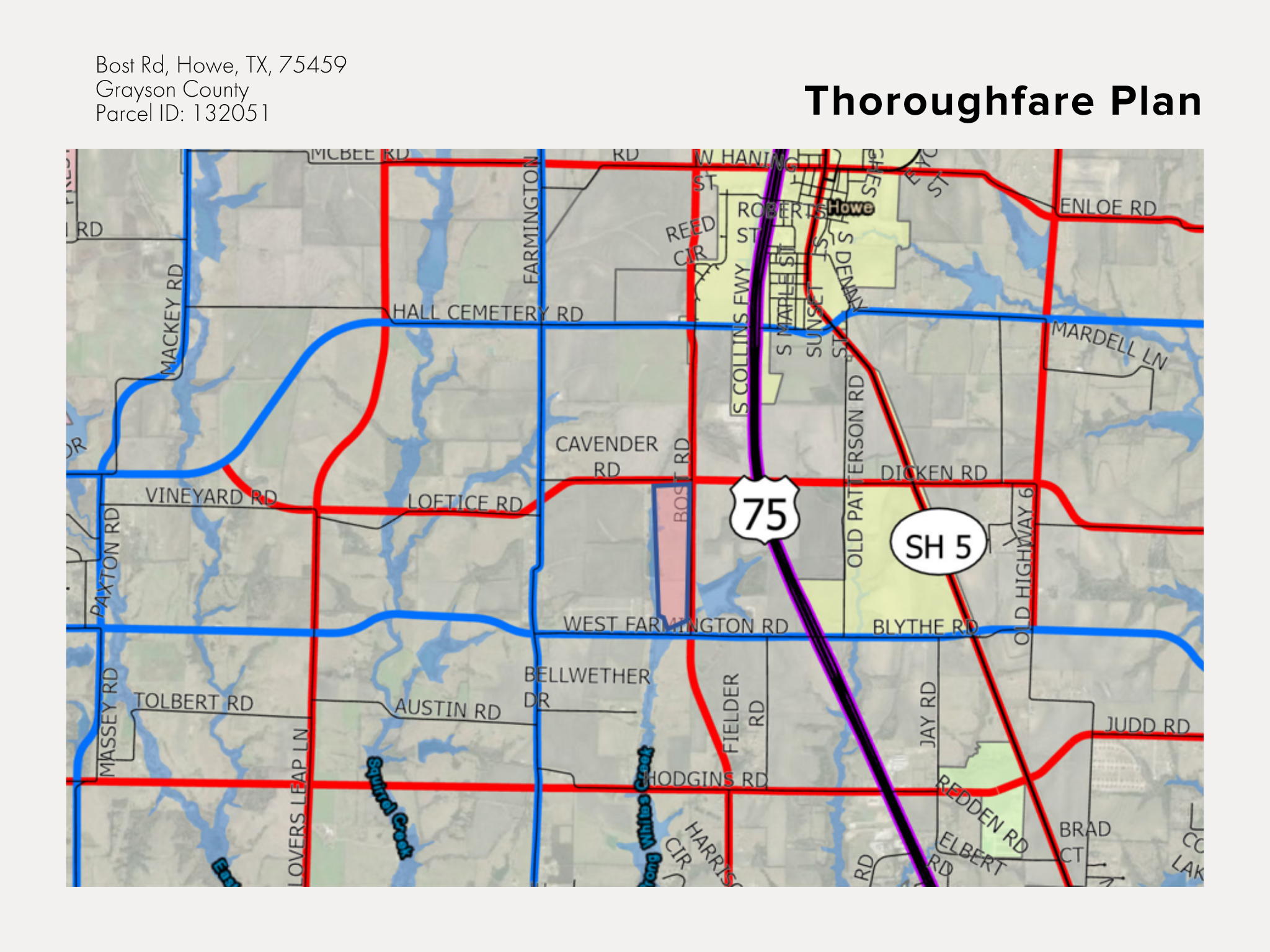 Map displaying a thoroughfare plan for Howe, Texas, showing roads, highways, and waterways with labeled streets, highways 75, 5, and other local roads, with color-coded routes.