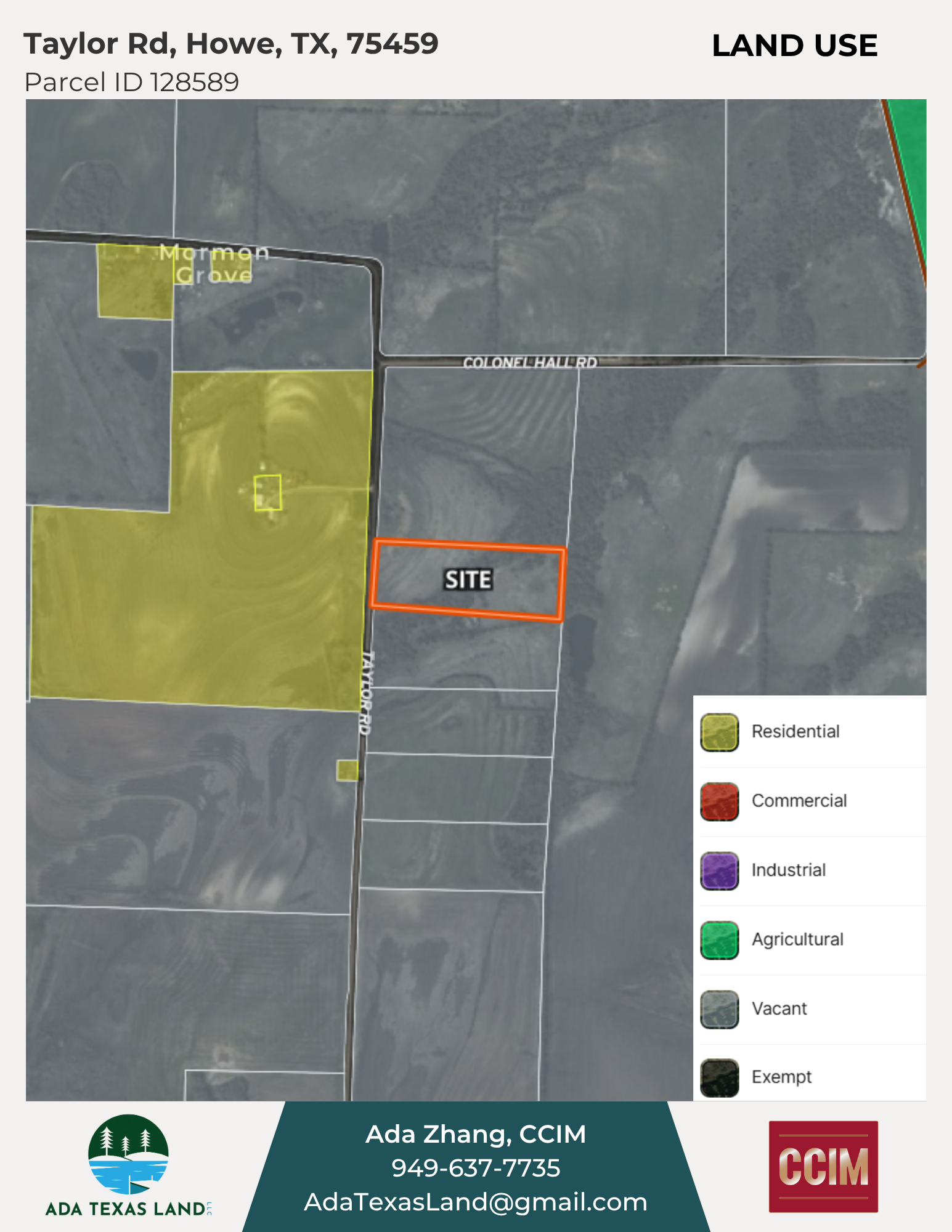 Land use map of Taylor Road, Howe, Texas, showing parcels designated for residential, commercial, industrial, agricultural, vacant, and exempt land, with a site marked in orange near the intersection of Taylor Road and Colonel Hall Road.