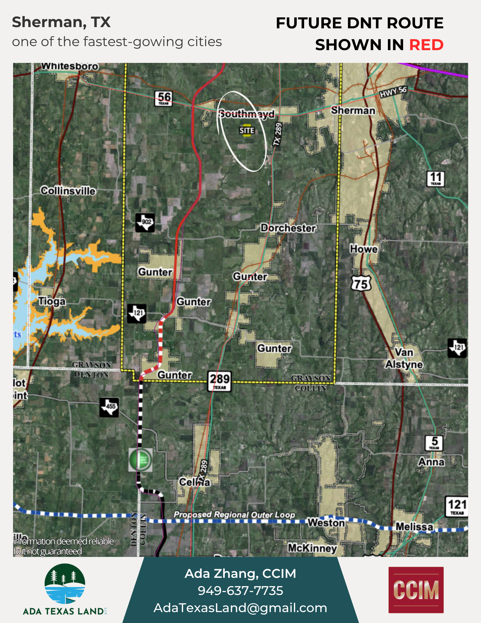Map of Sherman, Texas showing future DNT route in red and proposed regional outer loop. The map includes surrounding cities, highways, and geographic features, with contact information at the bottom for Ada Zhang, CCIM.