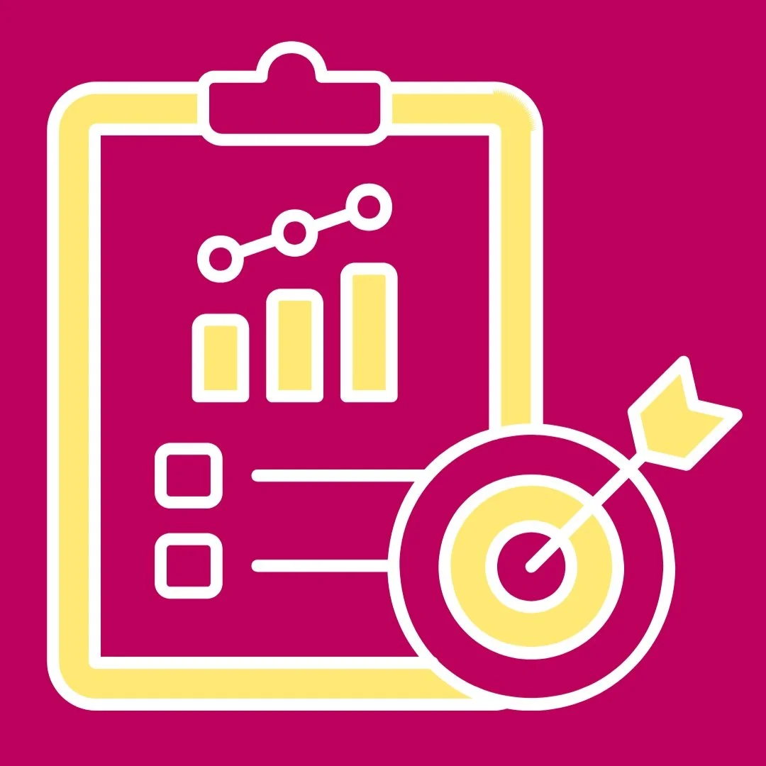 Icon of a clipboard with a bar chart and line graph, alongside a target with an arrow hitting the bullseye, representing analytics and goal achievement.