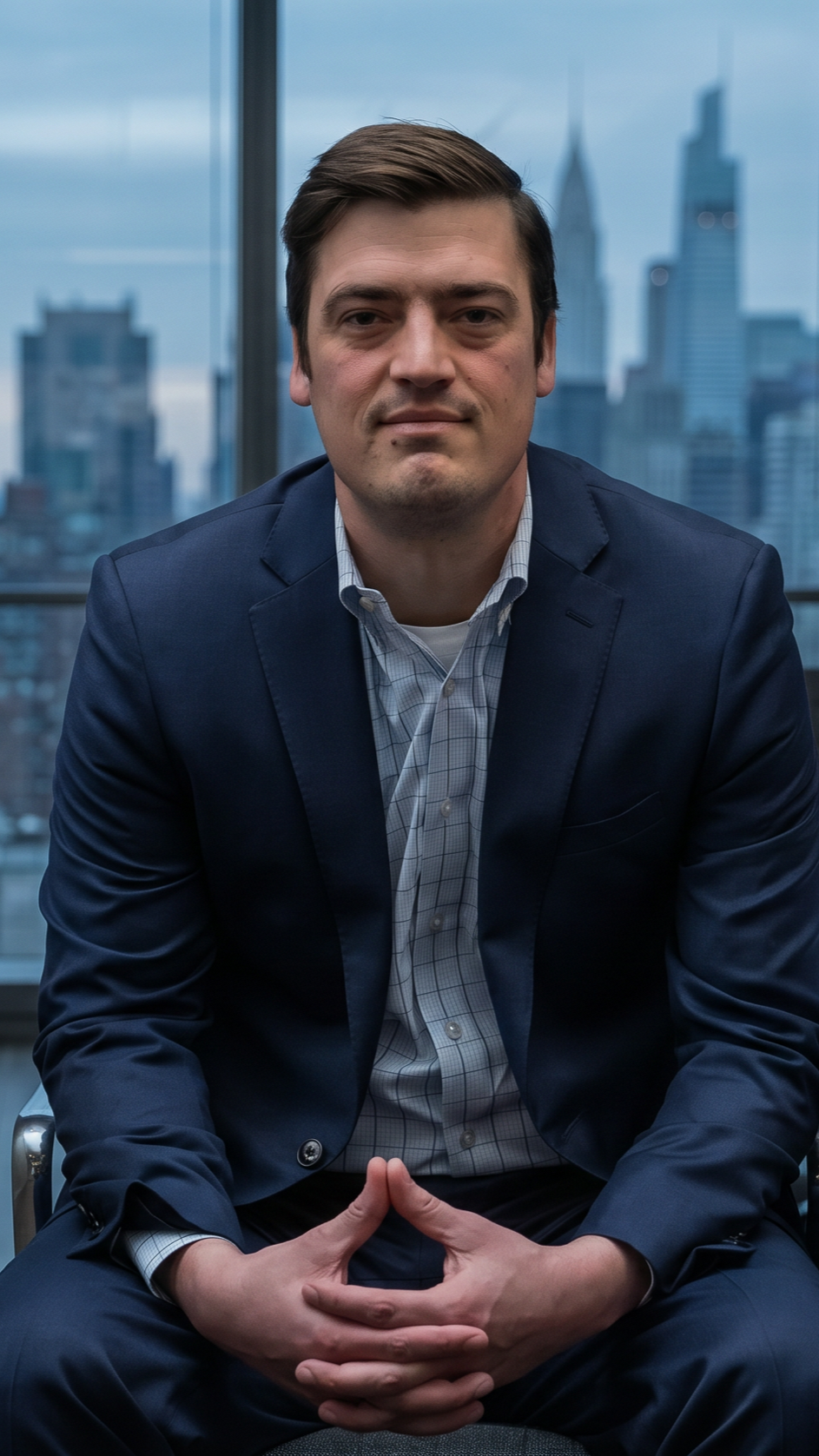 A man in a navy suit and checked shirt sitting in front of a window with a city skyline in the background.