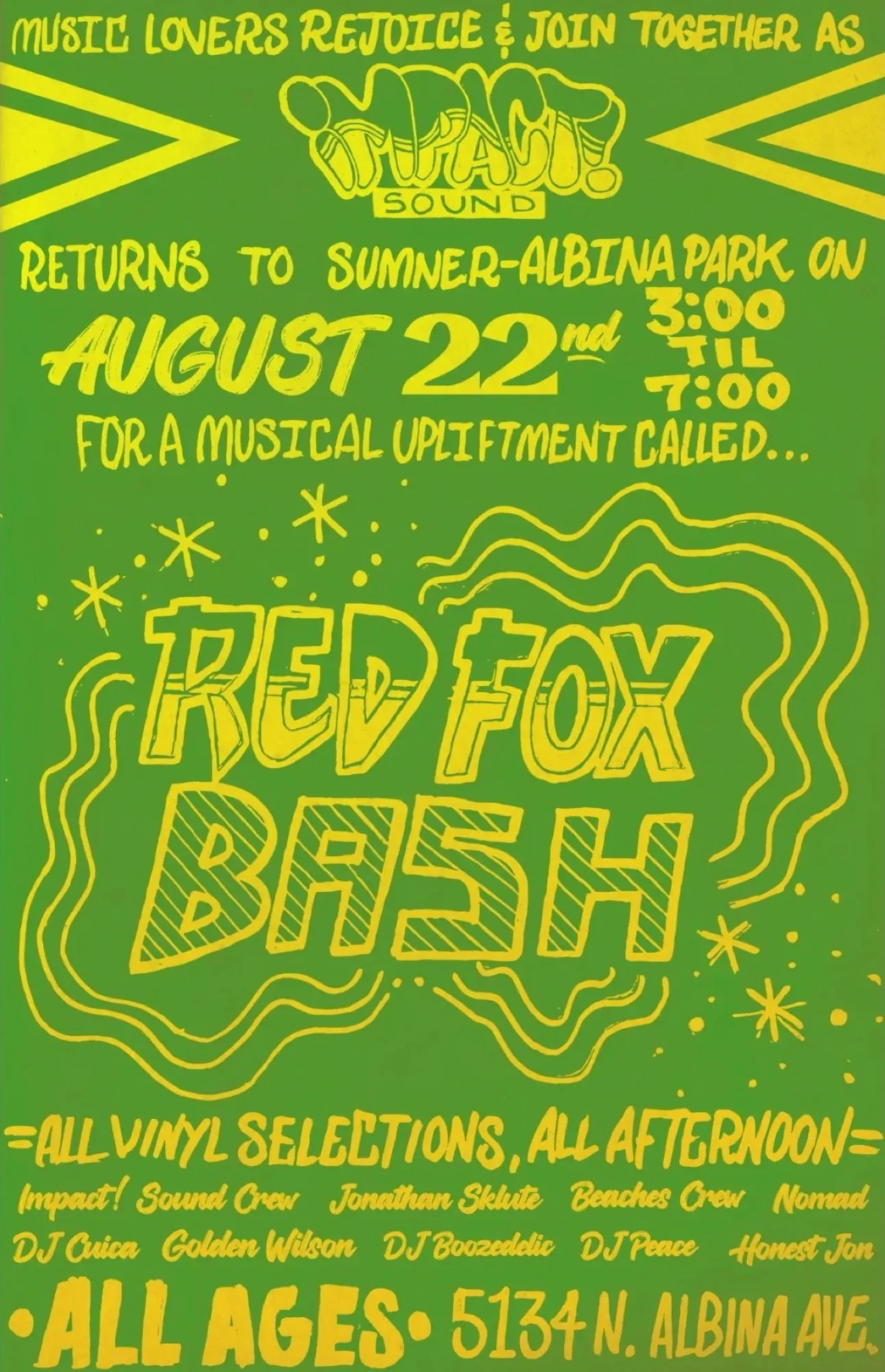 Red Fox Bash: free all-ages, all-vinyl afternoon with the IMPACT! Sound crew and friends, August 22 at Sumner-Albina Park, Portland