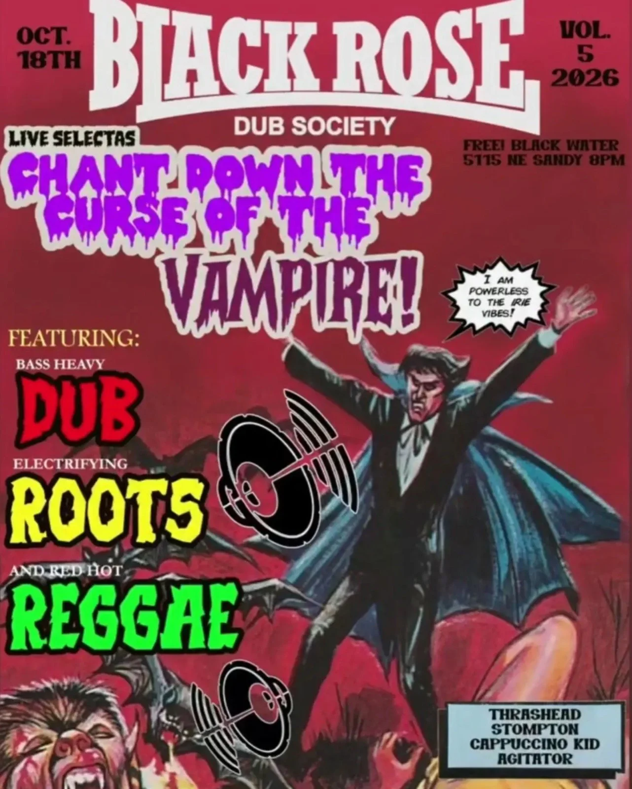 Black Rose Dub Society Vol. 5 flyer: free night of dub, roots and reggae with the IMPACT! Sound selectors, Sunday October 18, 8pm at Black Water, 5115 NE Sandy Blvd, Portland