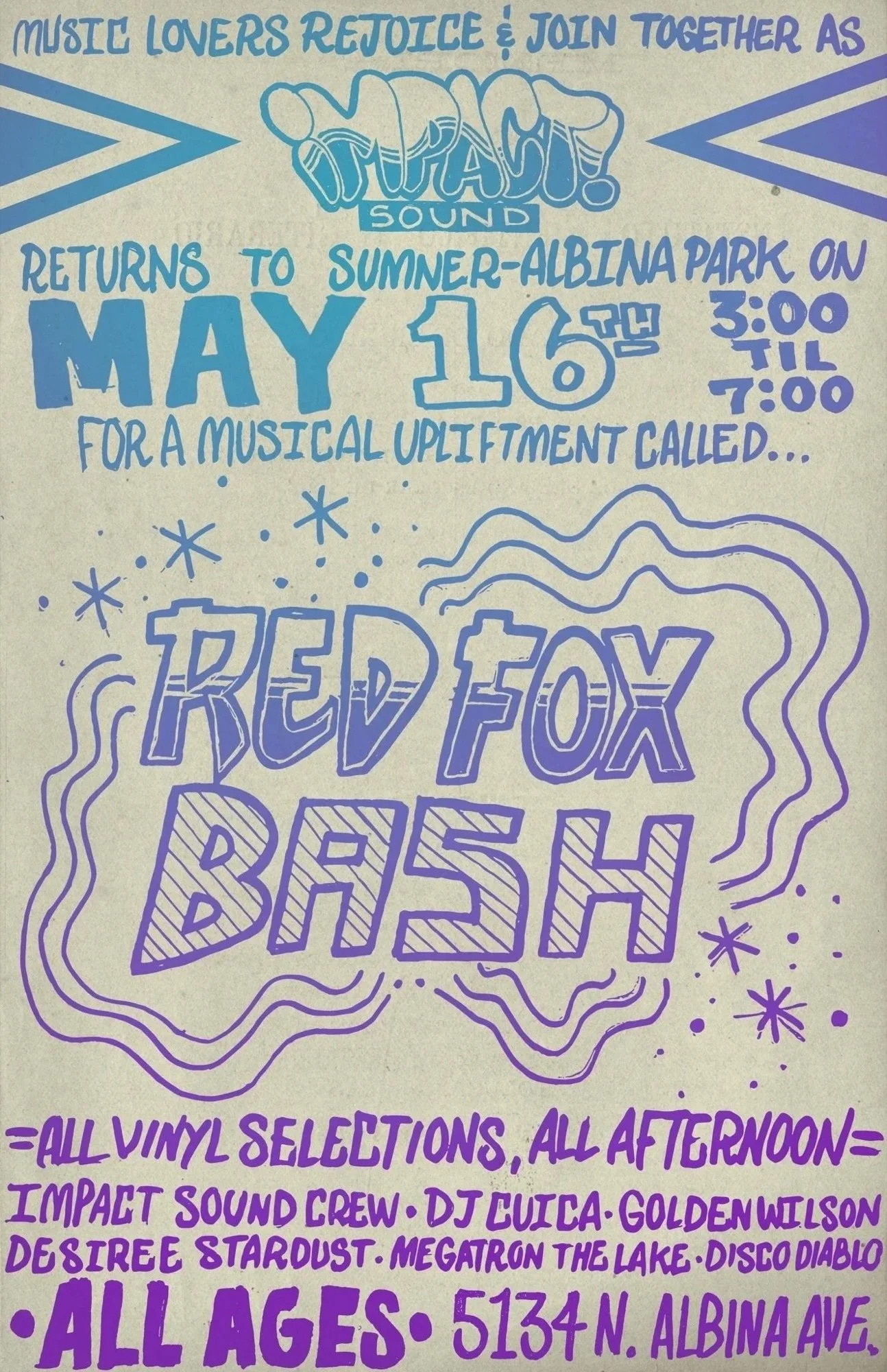 Red Fox Bash: all-vinyl, all-ages afternoon with the IMPACT! Sound crew and guest DJs, May 16, 3-7pm at Sumner-Albina Park, Portland