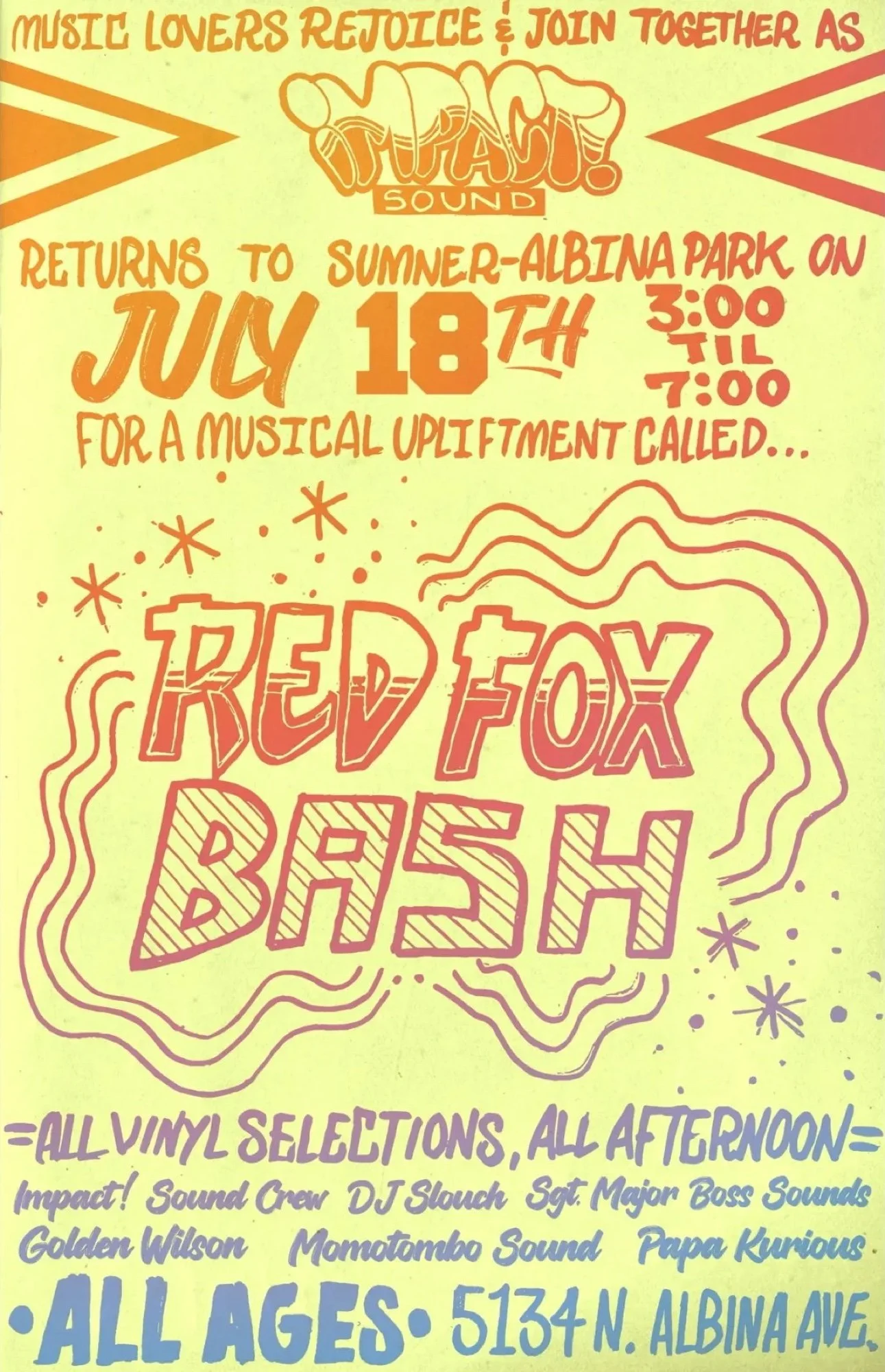 Red Fox Bash: free all-ages, all-vinyl afternoon with the IMPACT! Sound crew and friends, July 18 at Sumner-Albina Park, Portland