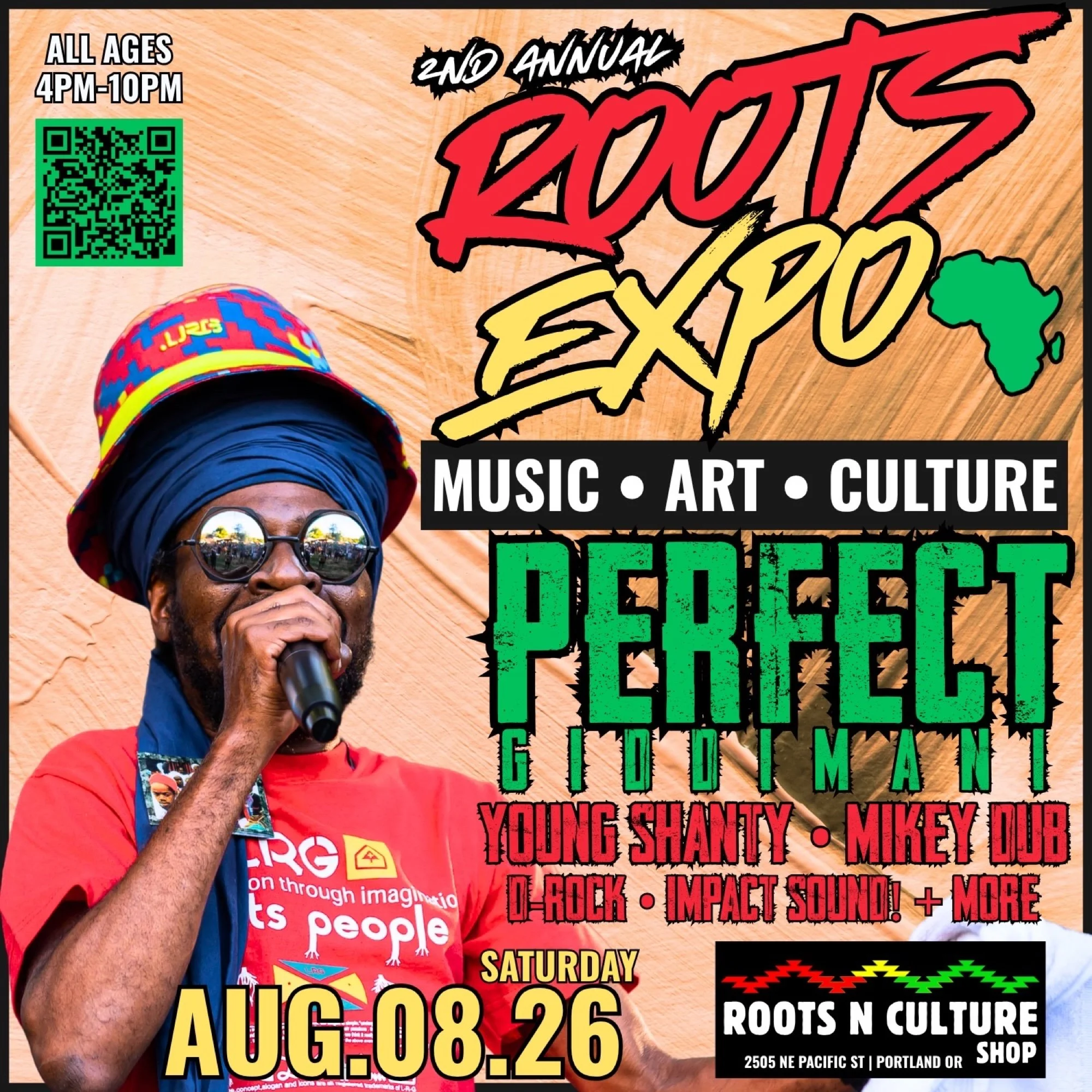 Roots Expo 2: music, art and culture with Perfect Giddimani, Young Shanty, Mikey Dub, D-Rock and the IMPACT! Sound, August 8 at Roots N Culture Shop and The Haven, Portland