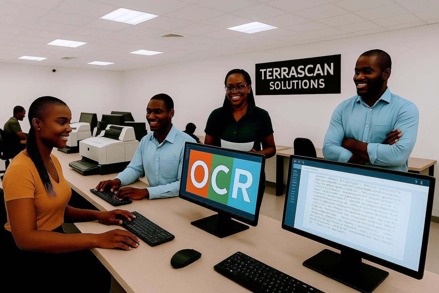 A group of four people in an office setting, with two women and two men, smiling and working on computers. One of the computer screens displays the letters OCR in colorful blocks. The background has a sign that reads 'TERRASCAN SOLUTIONS'.