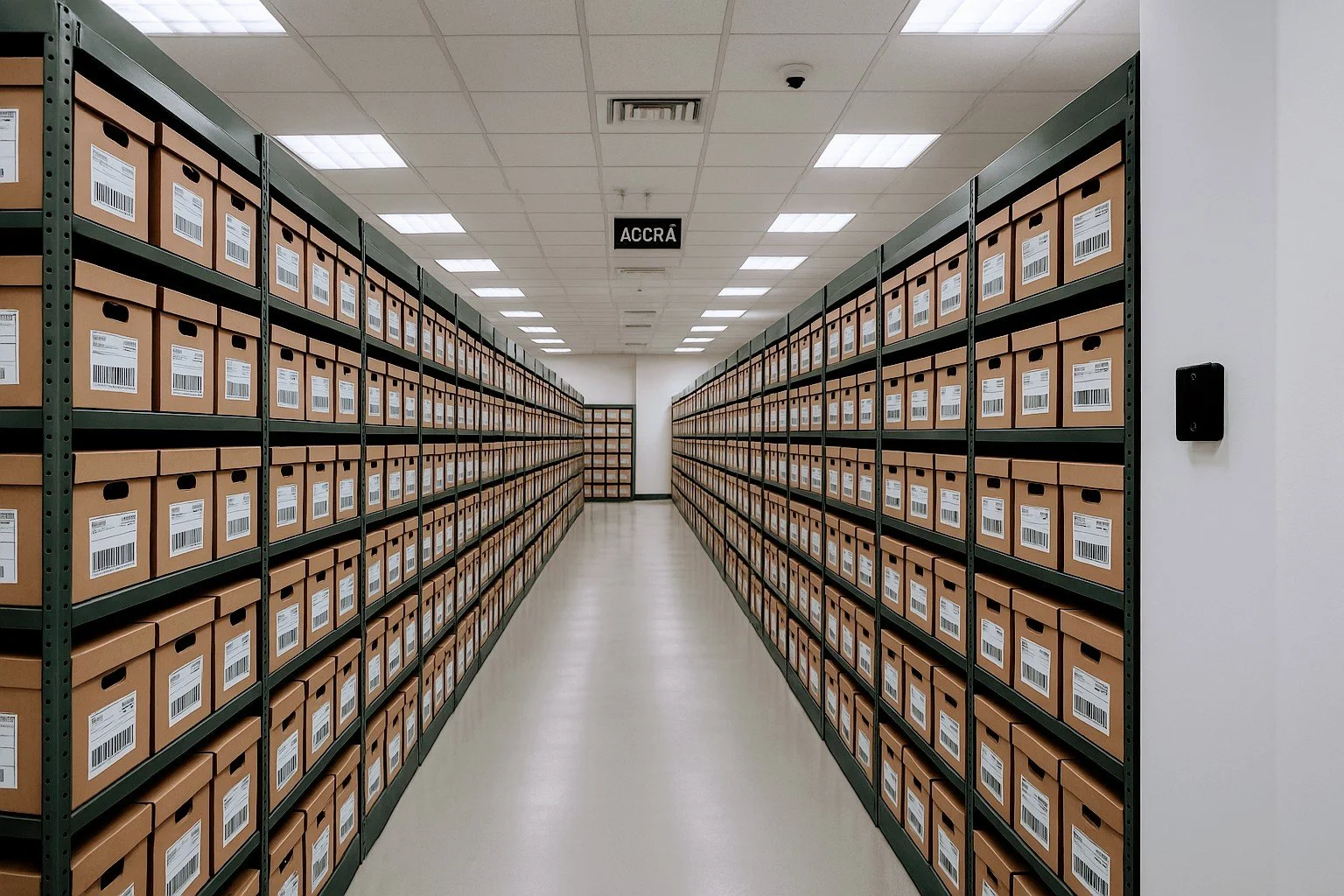 A corridor in a warehouse with shelves full of uniform cardboard boxes, each labeled with barcodes.