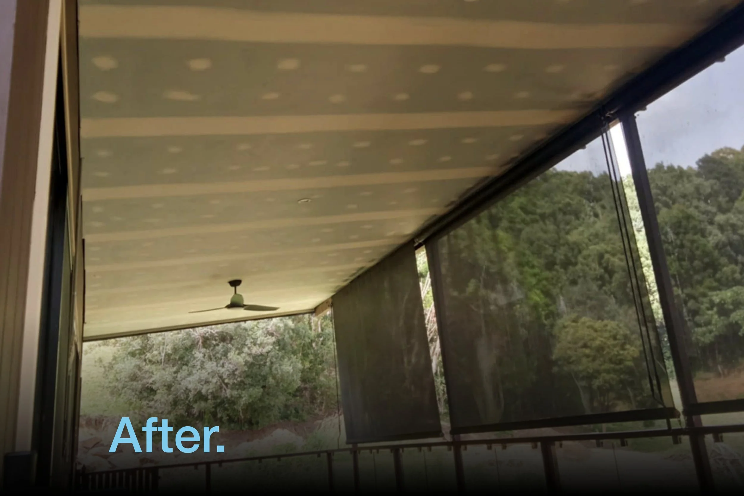 Enclosed outdoor patio with finished plastering, surrounded by screens and forest view.