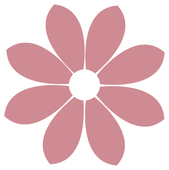 Illustration of a pink flower with a white center and eight petals on a black background.