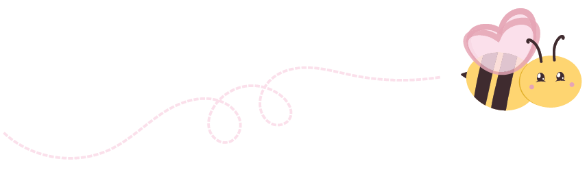 Cute cartoon bee with pink wings flying, leaving a dotted trail behind it.