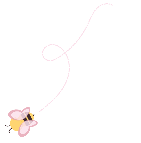 A cute cartoon bee with pink wings and a yellow and black body, flying with a dotted pink flight path that loops and curves.