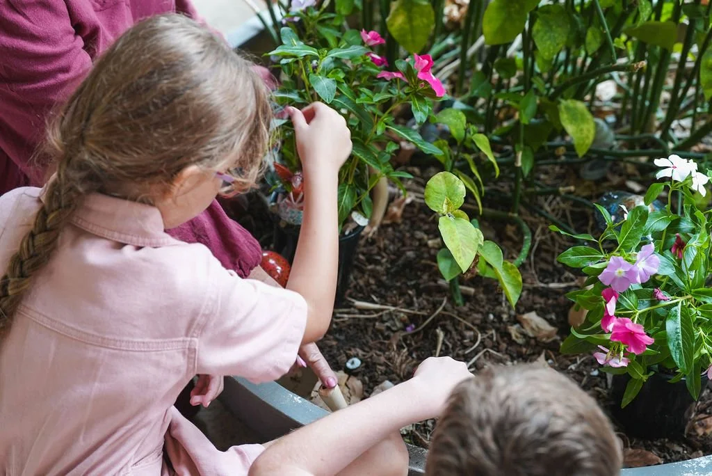 Children gardening with plants and flowers in a garden bed.