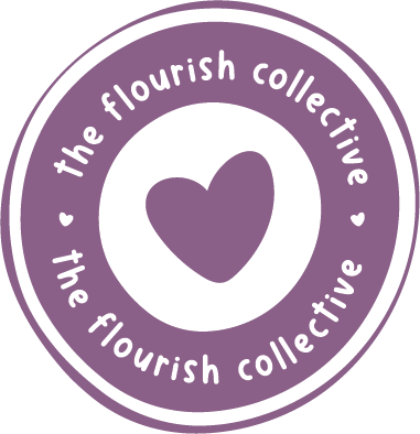 Purple circular logo for 'the flourish collective' featuring a purple heart in the center and text around it.