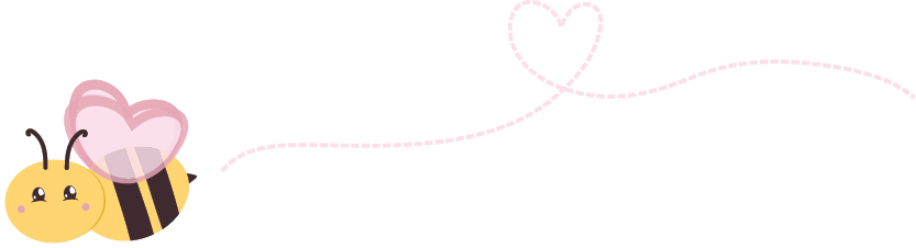 A cute cartoon bee holding a pink heart-shaped balloon with a dotted line trail forming a larger heart.