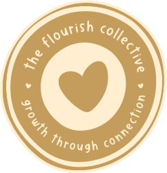 A circular logo with a heart in the center. The text around the circle reads 'the flourish collective' at the top and 'growth through connection' at the bottom, on a beige background.
