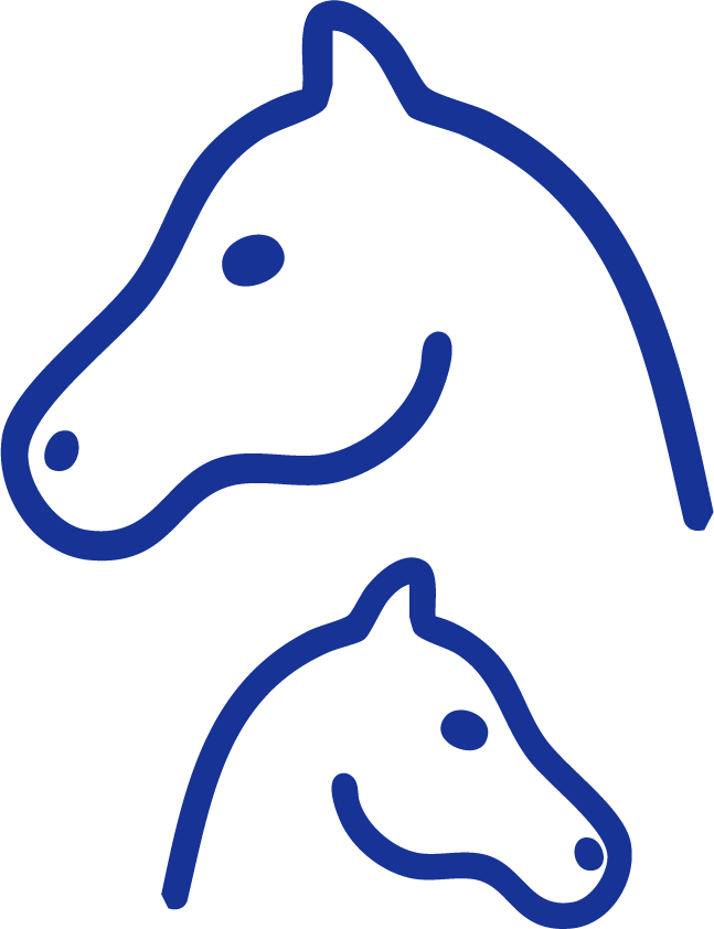 Outline drawing of two horse heads, one larger and one smaller, in blue.
