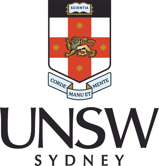 University of Sydney emblem featuring a shield with a lion, a red cross, and four gold stars, with the Latin motto 'Corde Manu Et Mente' and the text 'UNSW Sydney' below.
