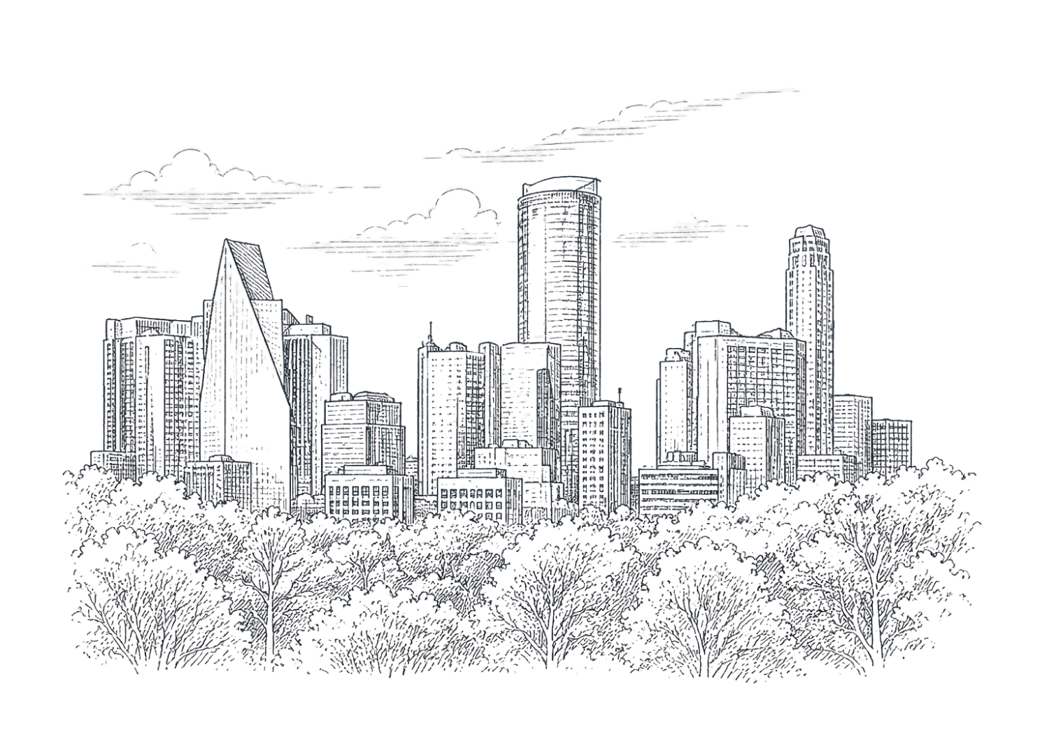 Sketch of Buckhead, Atlanta skyline with various tall buildings and skyscrapers, set against a background of clouds and a dark sky, with trees in the foreground.