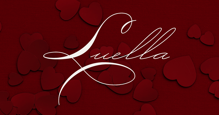 Red background with scattered paper hearts and the name 'Luella' in elegant white script.