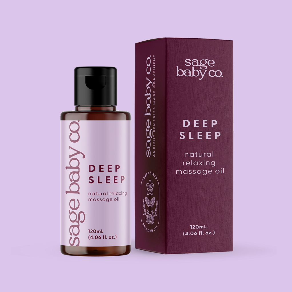 Bottle of Sage Baby Co. Deep Sleep daily and natural relaxing massage oil helps babies sleep, non-toxic, clean, next to its box on a purple background.