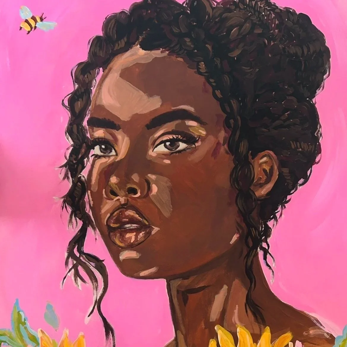 Portrait of a Black woman with curly hair against a pink background, with sunflowers and a bee in the scene.