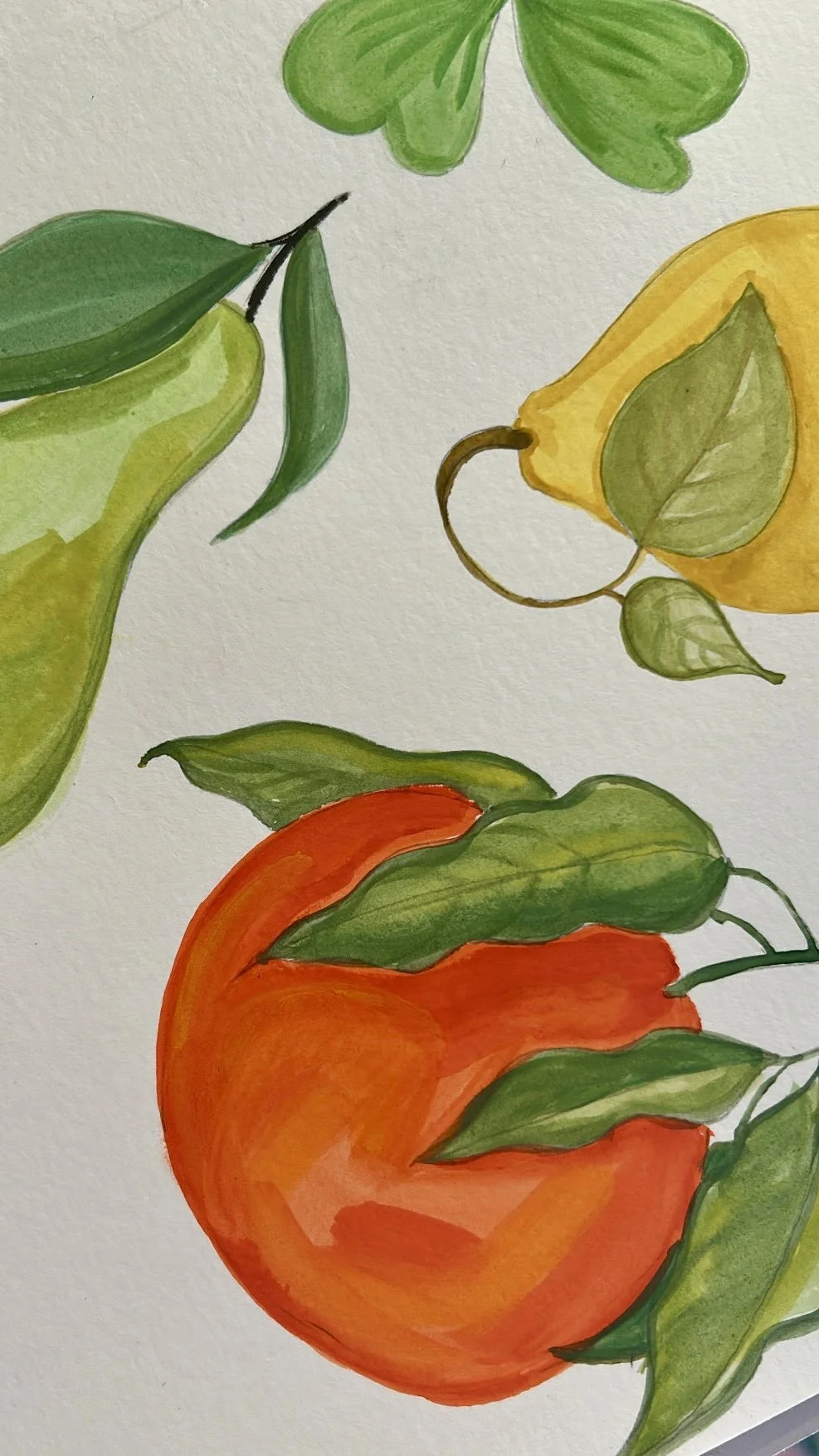 Watercolor paintings of a green pear, a yellow lemon, and an orange tomato with green leaves.