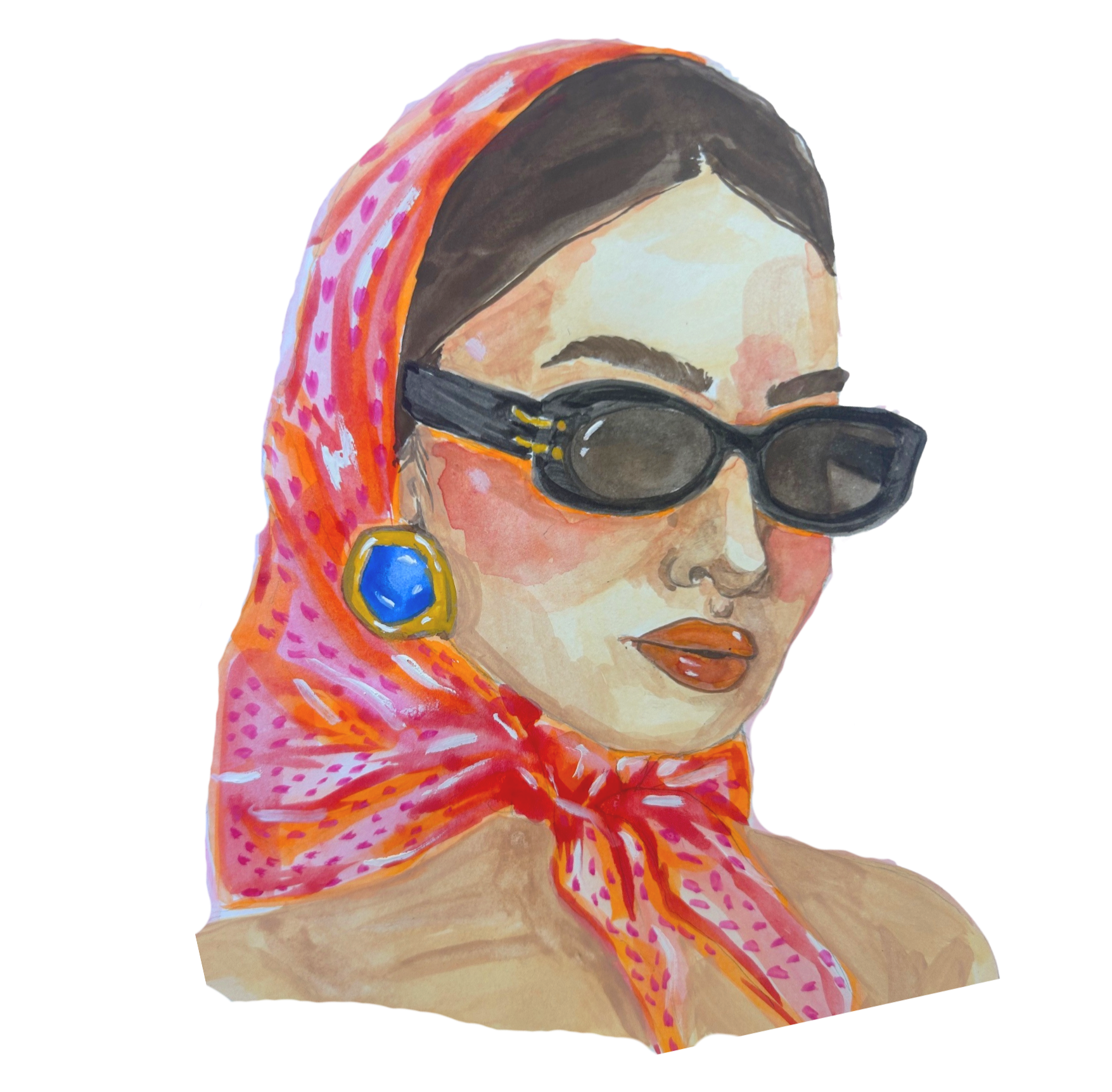 Watercolor portrait of a woman wearing black sunglasses, pink patterned scarf, large blue earring, and makeup including red lipstick.