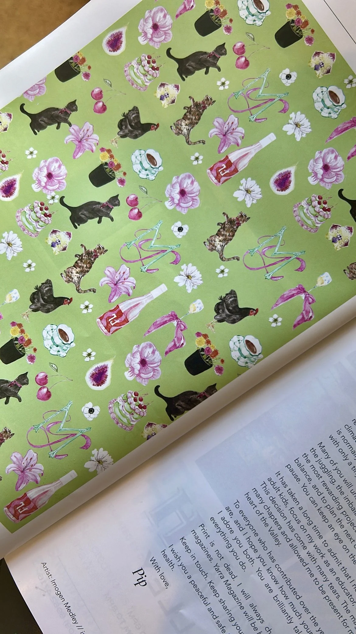 A colorful page filled with illustrations of black cats, dogs, flowers, cherries, ice cream, cakes, bicycles, and decorative bottles on a green background.