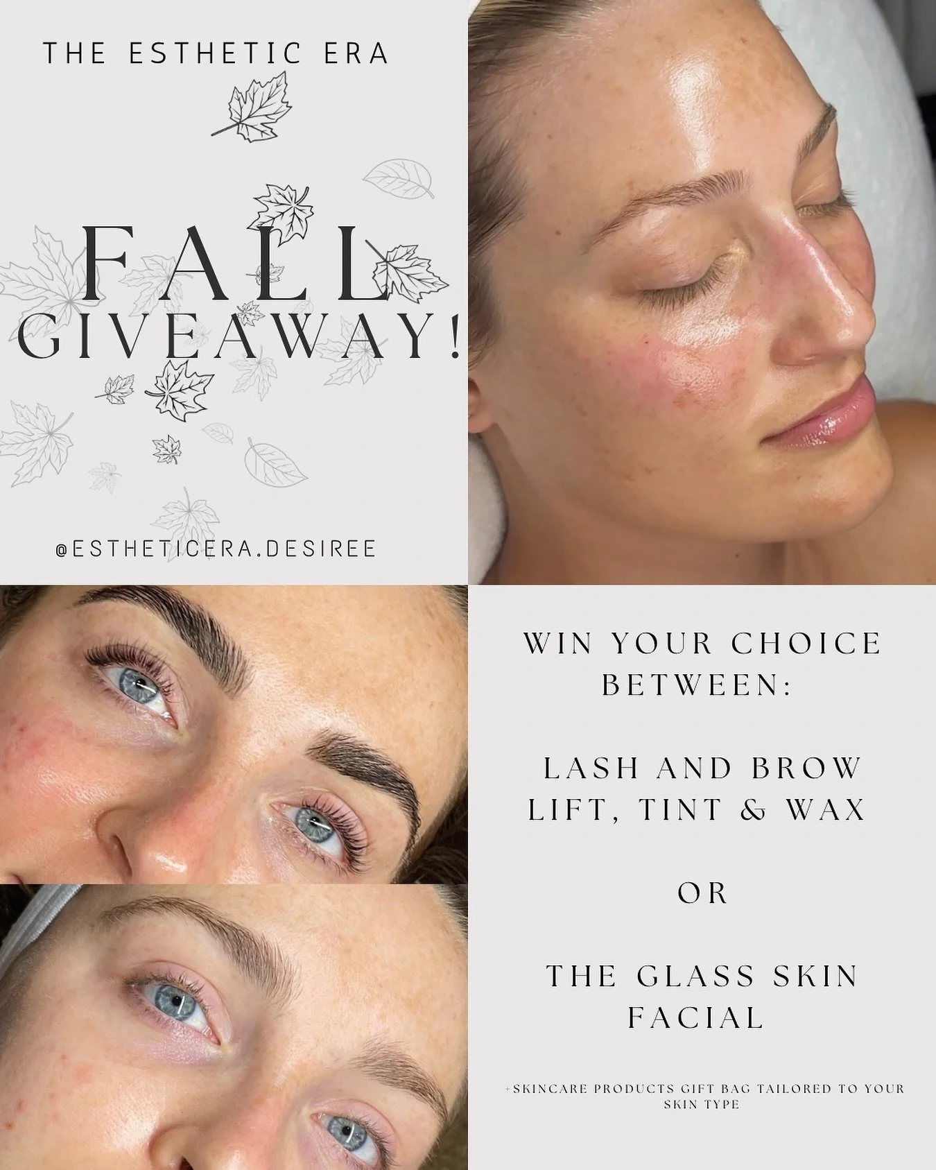 🍁 Fall Glow Giveaway 🍁
Let’s celebrate the new season with a little self-care! One lucky winner will receive:
✨ Lash + Brow Combo Service or The Glass Skin Facial
✨ A curated skincare sample pack to keep your glow going at home 💆🏼‍♀️