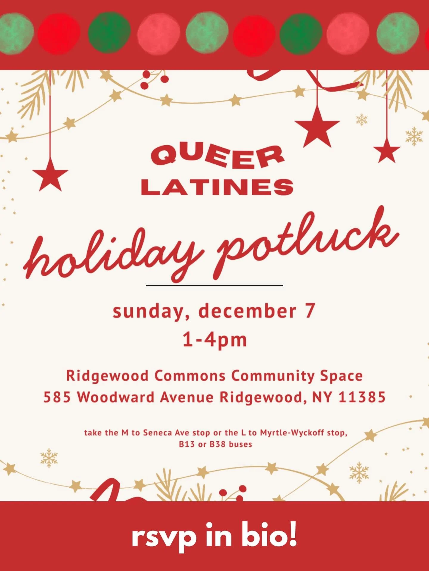RSVP in bio! nos vemos 💕

bring a dish, help us cover the space, or bring yourself! no one turned away due to lack of funds. 

#nyc #potluck #holigays #queernyc #queerlatines
