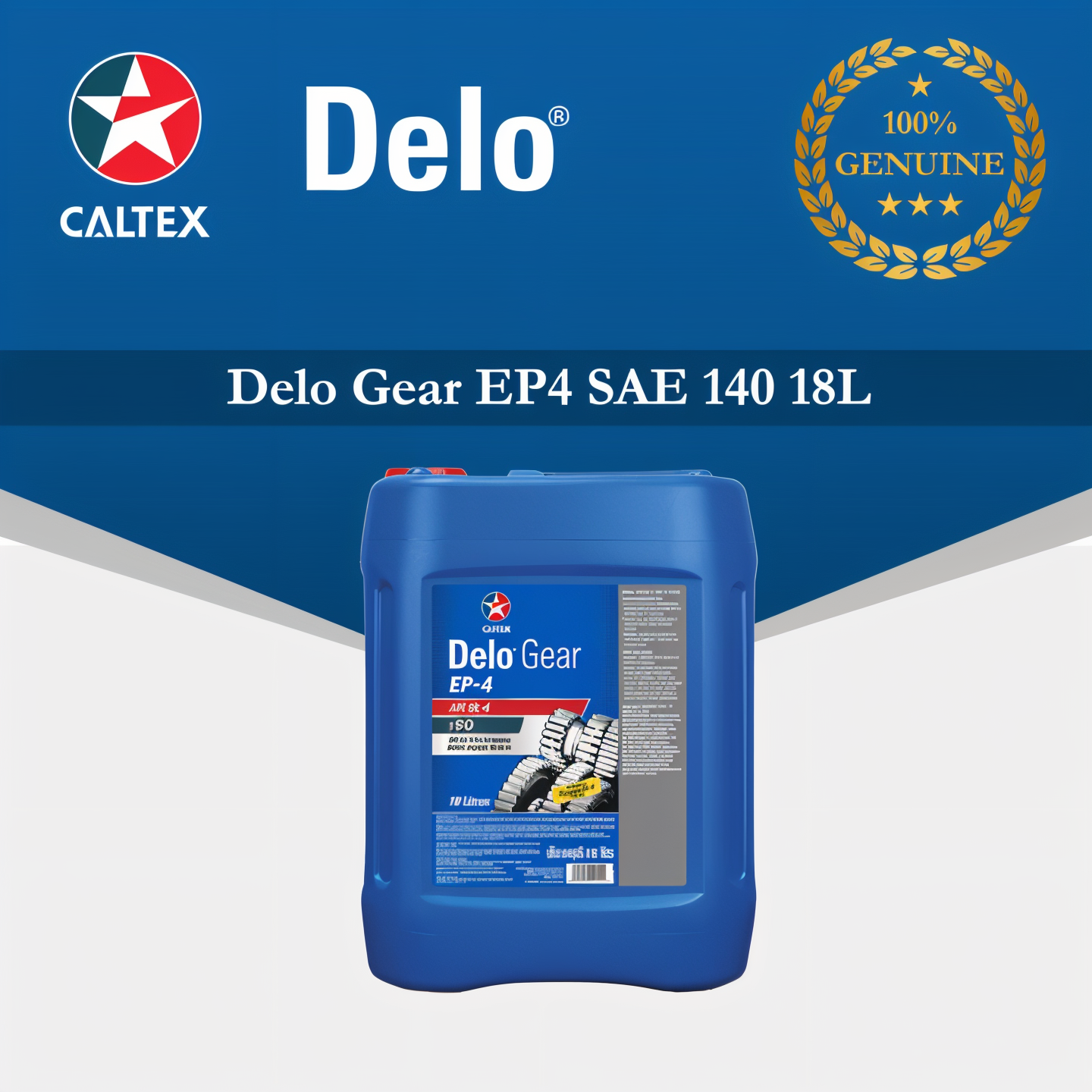 Blue container of Caltex Delo Gear EP4 SAE 140 motor oil, 18 liters, featuring a label with gears and the Caltex logo.