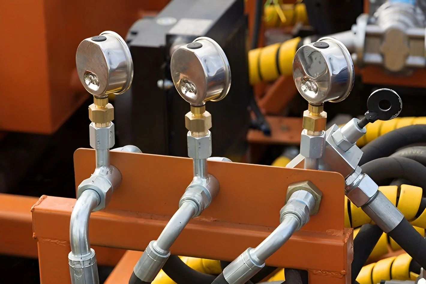 Close-up of hydraulic or pneumatic system components with gauges, pipes, and yellow safety covers.