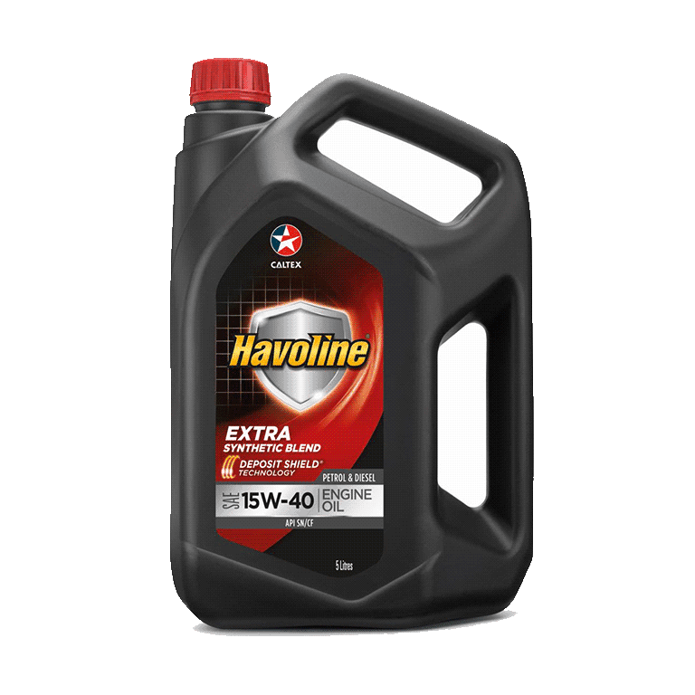 A 5-liter black plastic container of Havoline Extra Synthetic Blend engine oil with a red cap, designed for petrol and diesel engines, labeled 15W-40