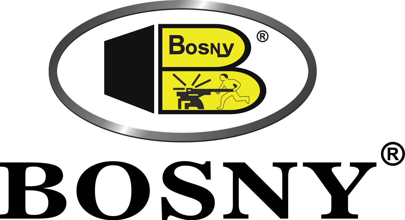 Bosny logo with black and yellow design and a person working with a hammer on an anvil